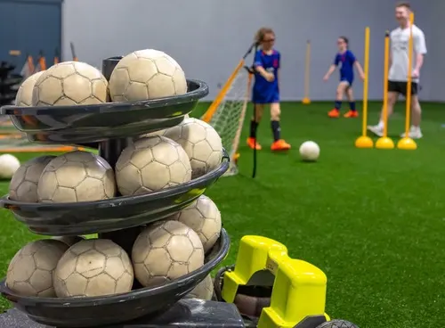 Soccer balls and cones on the turf